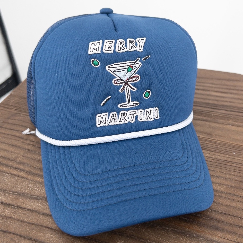 Anthropologie Nephthys Illustrated Merry Martini Trucker Hat Blue Snapback NWT‎